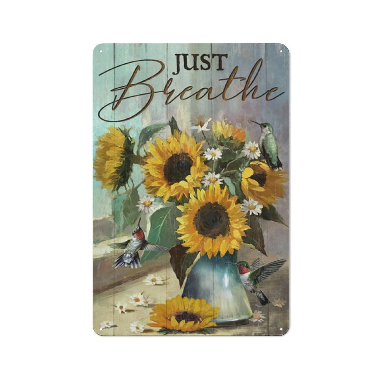 kisoyo Rustic Metal Tin Sign Sunflower Lover Just Breathe Hummingbird Poster Country Wall Art Farmhouse Parlor Garden Home Courtyard Wall Decor 8x12 Inch