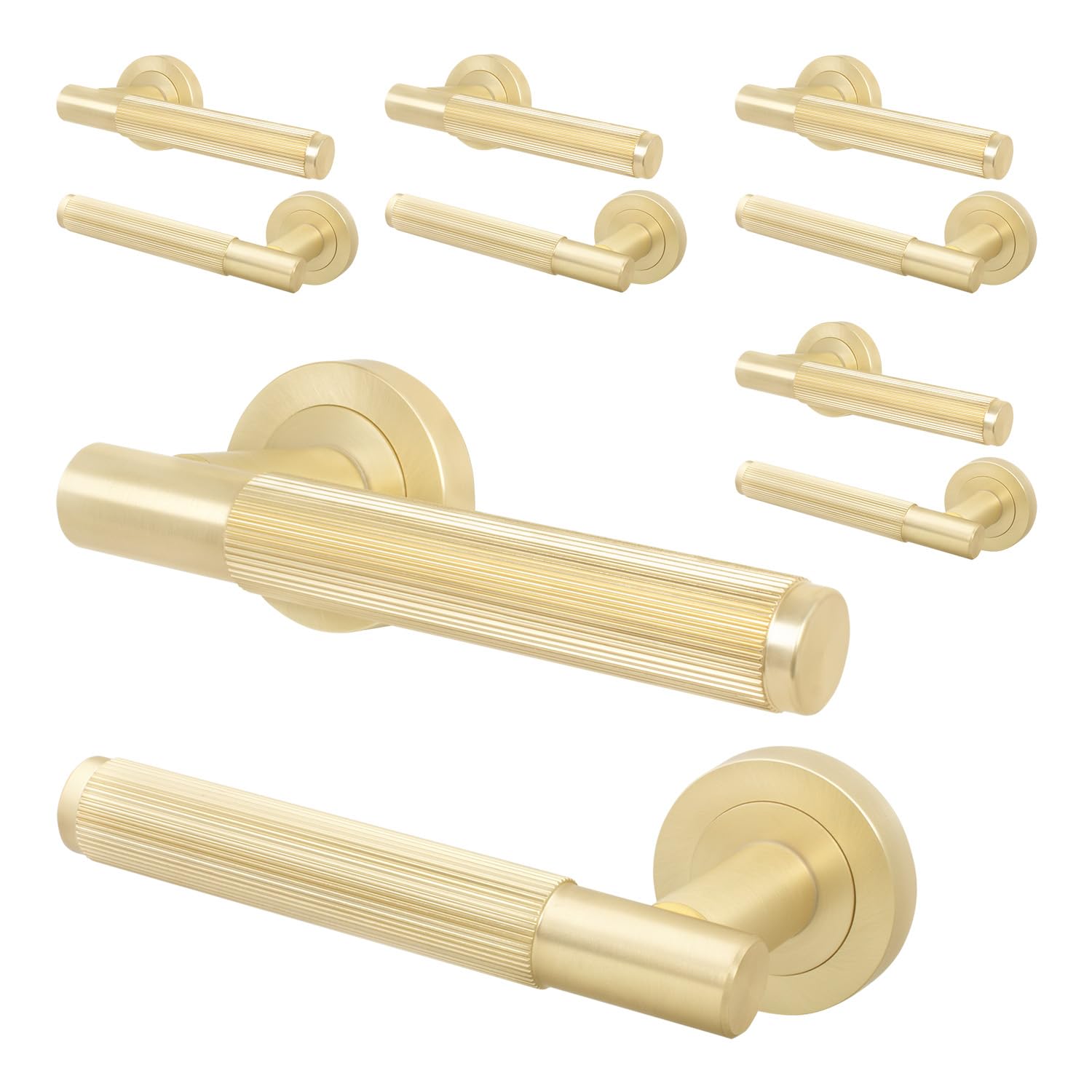 EAI Brass Door Handle, Satin Brass Internal Lever on Rose Door Handle, Oruro Range 5 Pairs
