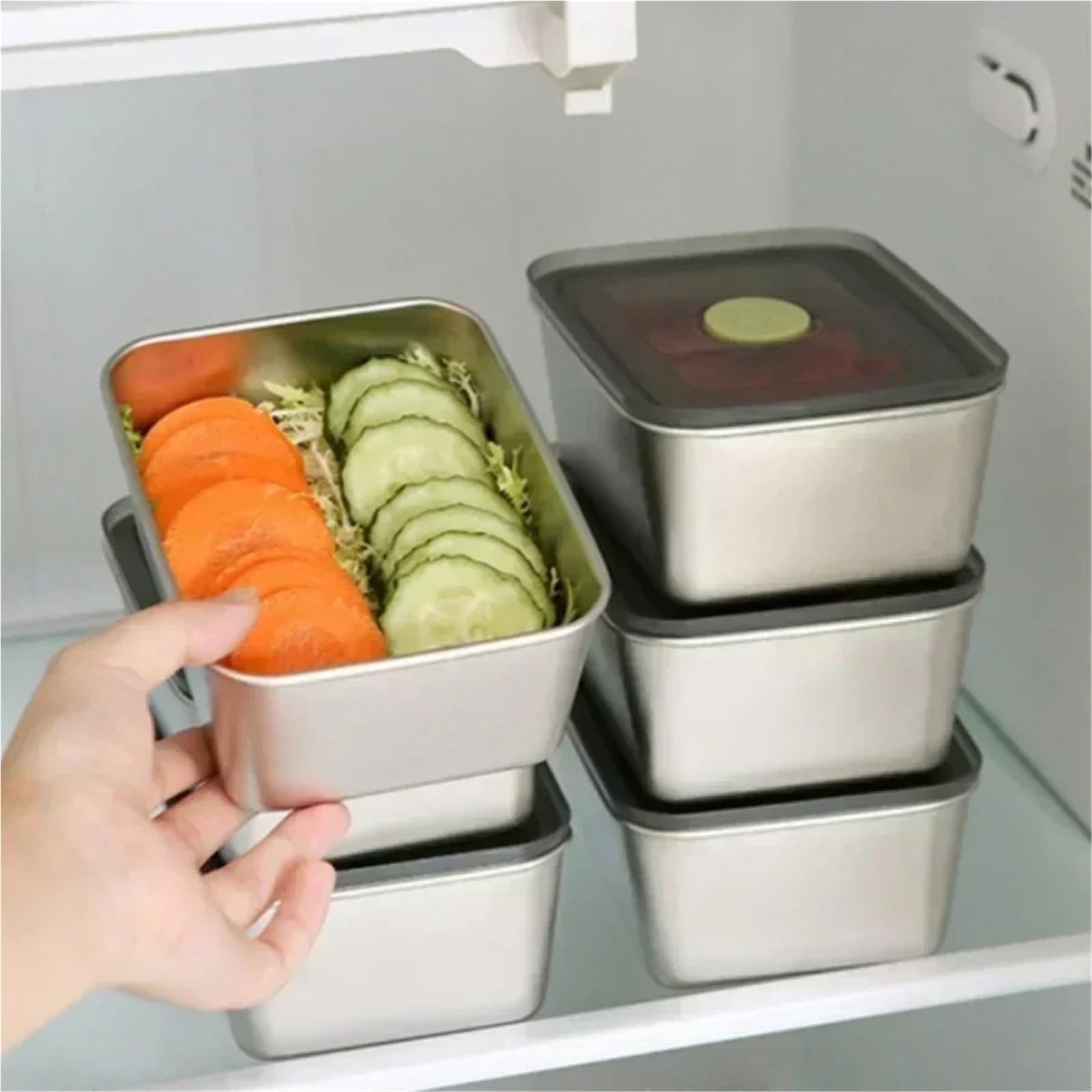 Bento Box con Coperchio sigillato in Acciaio Inossidabile, Vassoio for Frutta, for la Preparazione degli Alimenti, Scatola di conservazione refrigerata for Frigorifero(1pc)