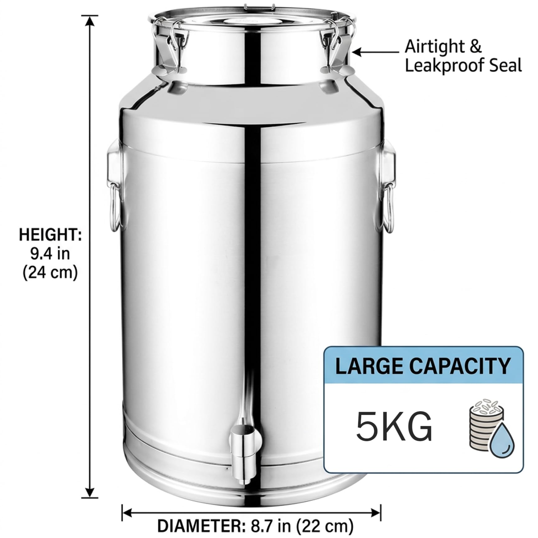 Dispensador de agua de acero inoxidable, jarra de leche de acero de grado alimentario de 9 l con tapa, depósito con grifo y cierre hermético, recipiente para almacenar alimentos como aceite, vino