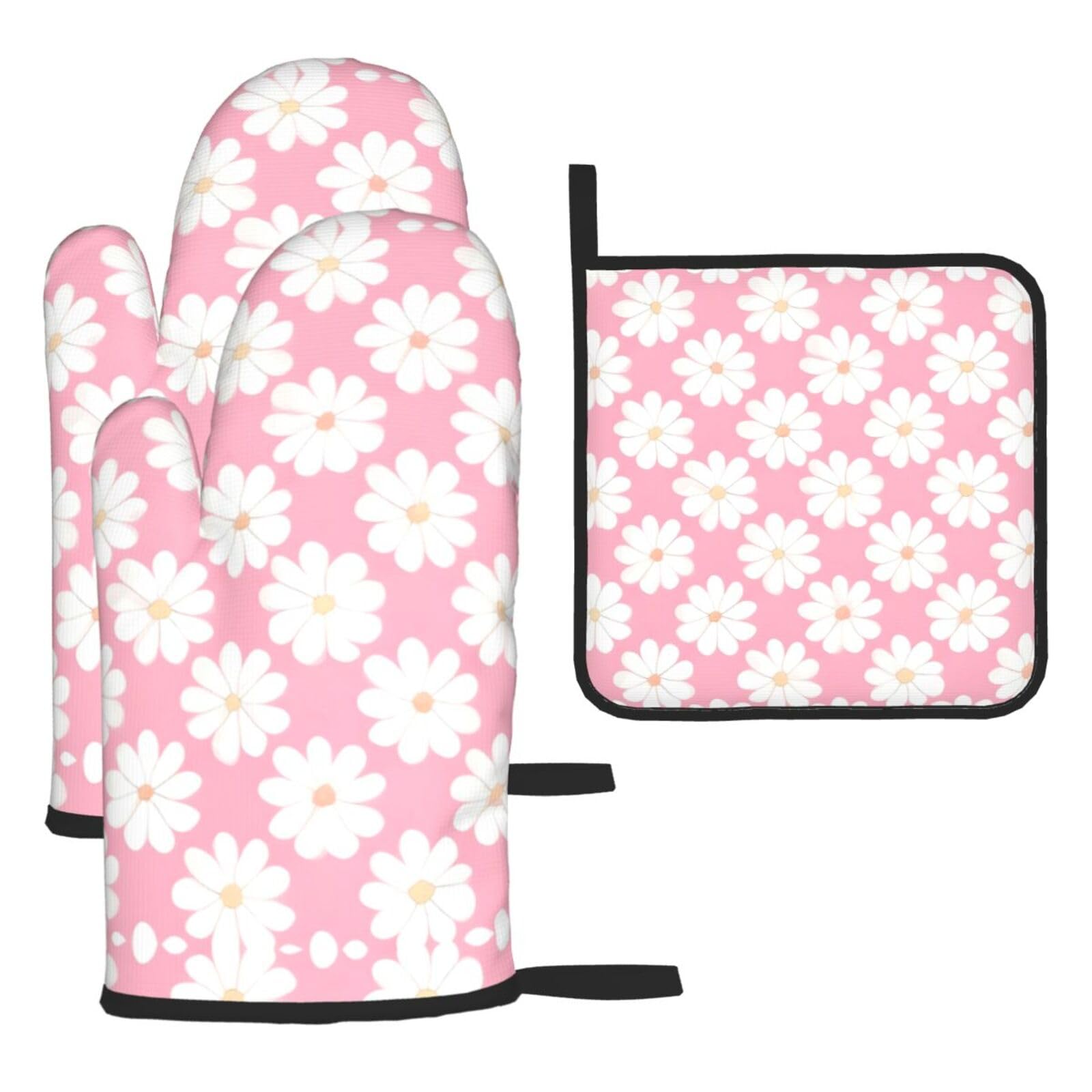 Camellia pattern Oven mittens and oven mitts three-piece set suitable for oven, grilling, baking, microwave and home cooking.