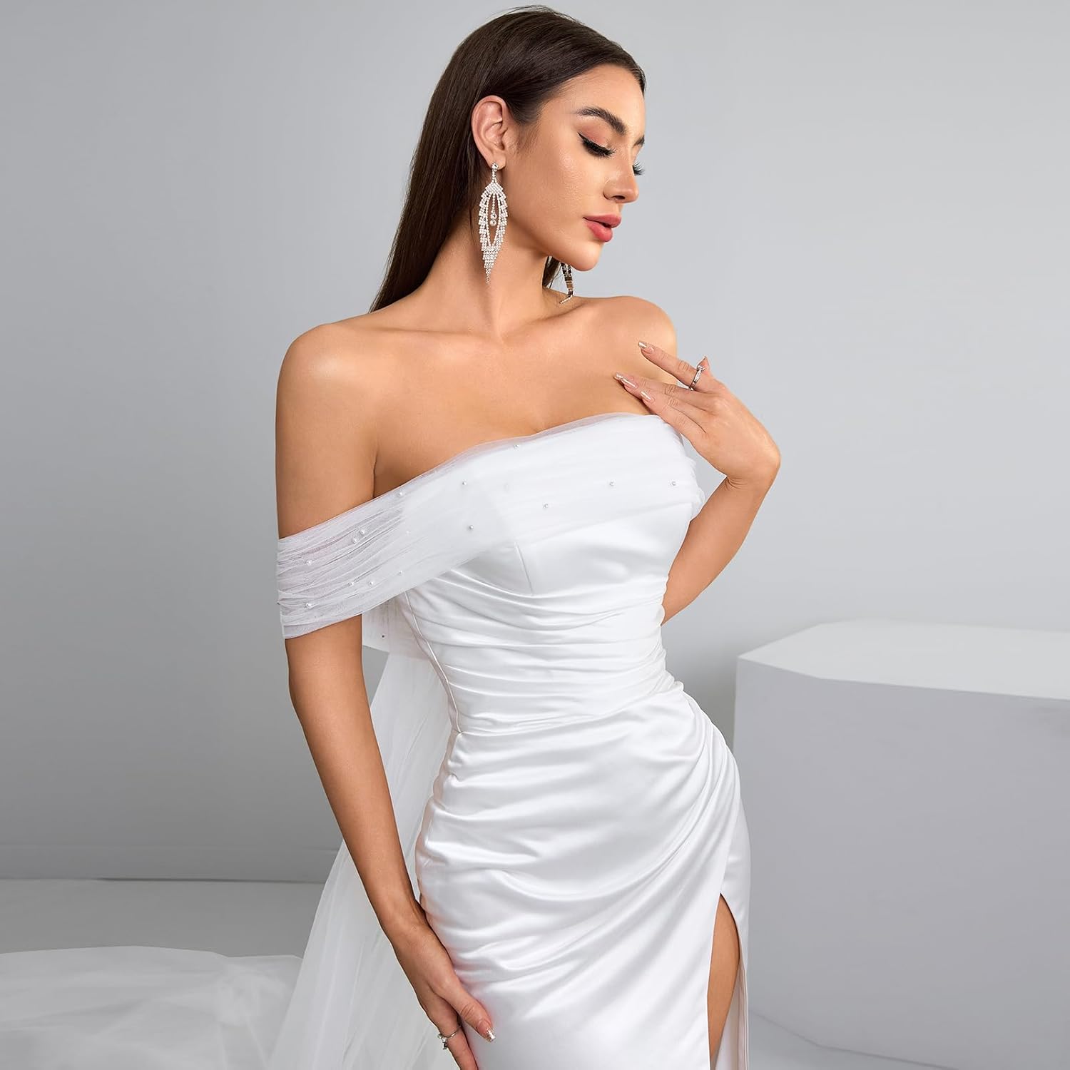 Transparent Tulle Pearl Off-Shoulder Sleeveless Pleated A-line Sexy Wedding Dress, with a Tulle Train at The Back