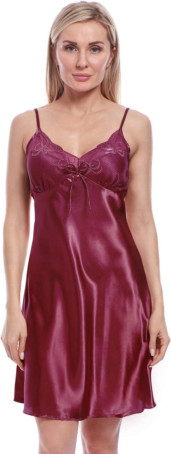 BellisMira Sexy Slip Satin Nightwear Lace Cami Padded/Unpadded Flower Pajamas V-Neck Sleepwear Floral Silk Nighty for Women