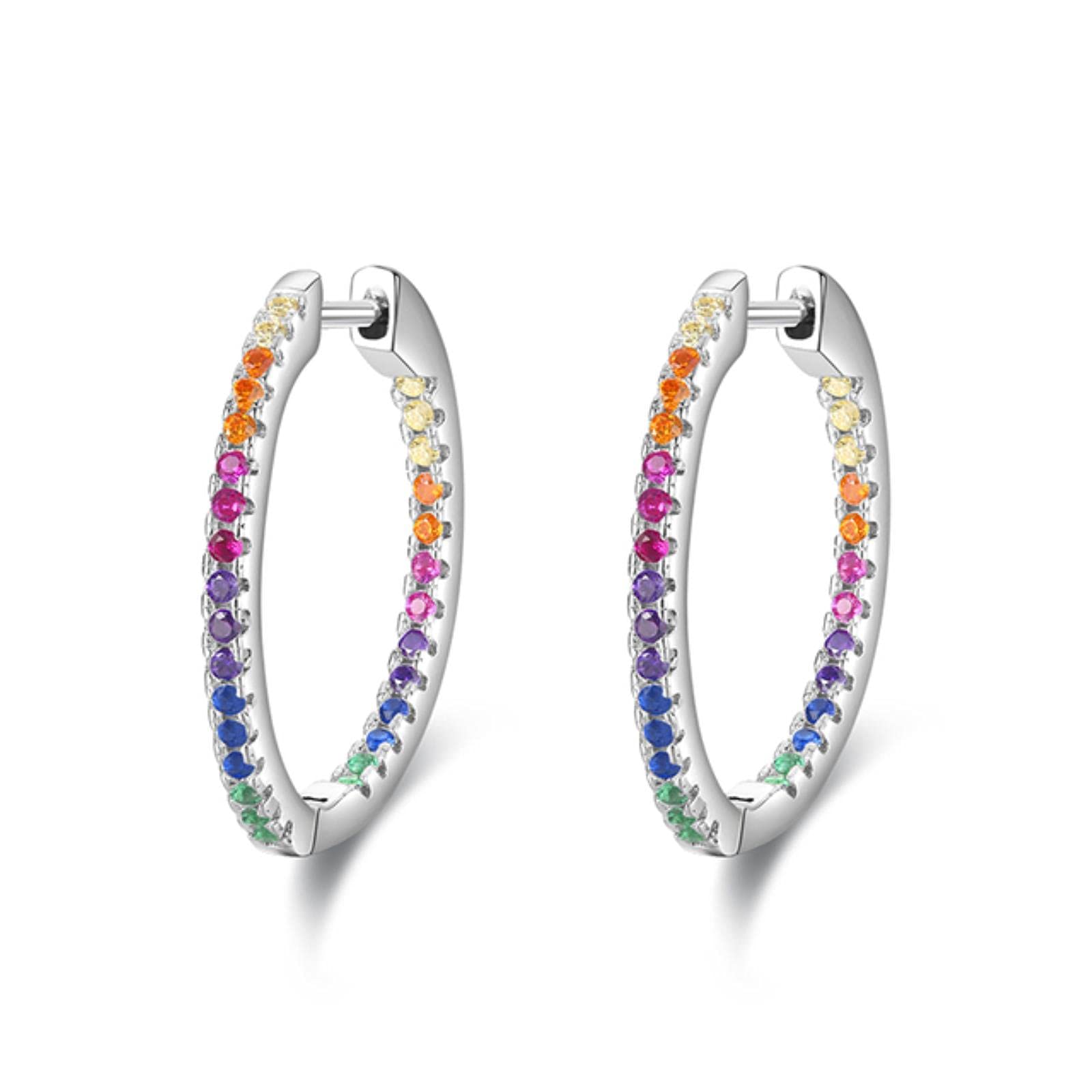 Rainbow Color Sparkling Earrings Real 925 Sterling Silver Circle Zirconia Hoop Earrings For Women Luxury Wedding Jewelry