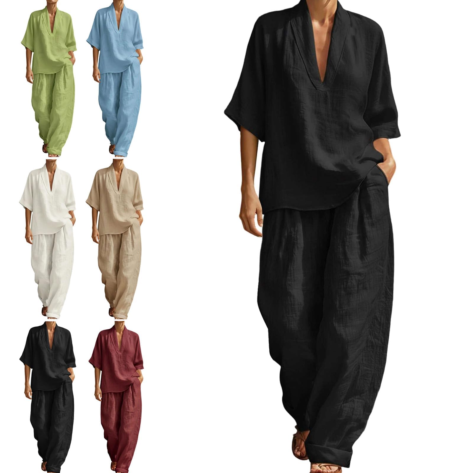 Generisch Completo da donna a due pezzi alla moda, comodo e semplice, in lino e cotone (top e pantaloni) per vacanze estive e viaggi, ideale per abbigliamento sportivo (modello 2026).