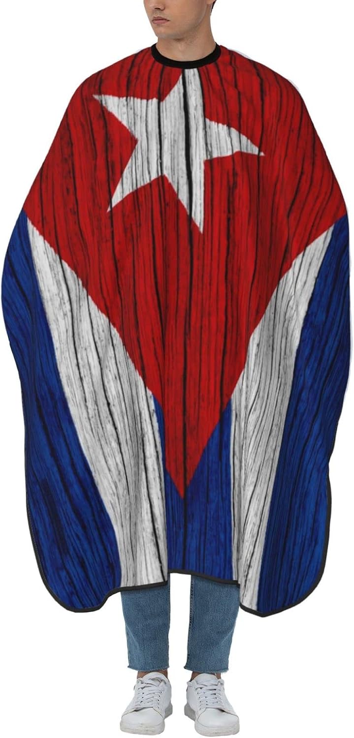 Wooden Texture Cuban Cuba Flag Salon Barber Cape - Professional Hairdressing Waterproof Hair Cutting Cape With Adjustable Snap Closure-Haircut Apron For Hair Stylist And Home Use-55''X66''