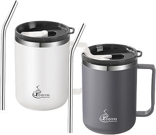 Set of 2 stainless steel thermos containers, 430 ml: double wall coffee cups, BPA-free, insulated coffee cups, with lids and straws, stainless steel 304, for office, home