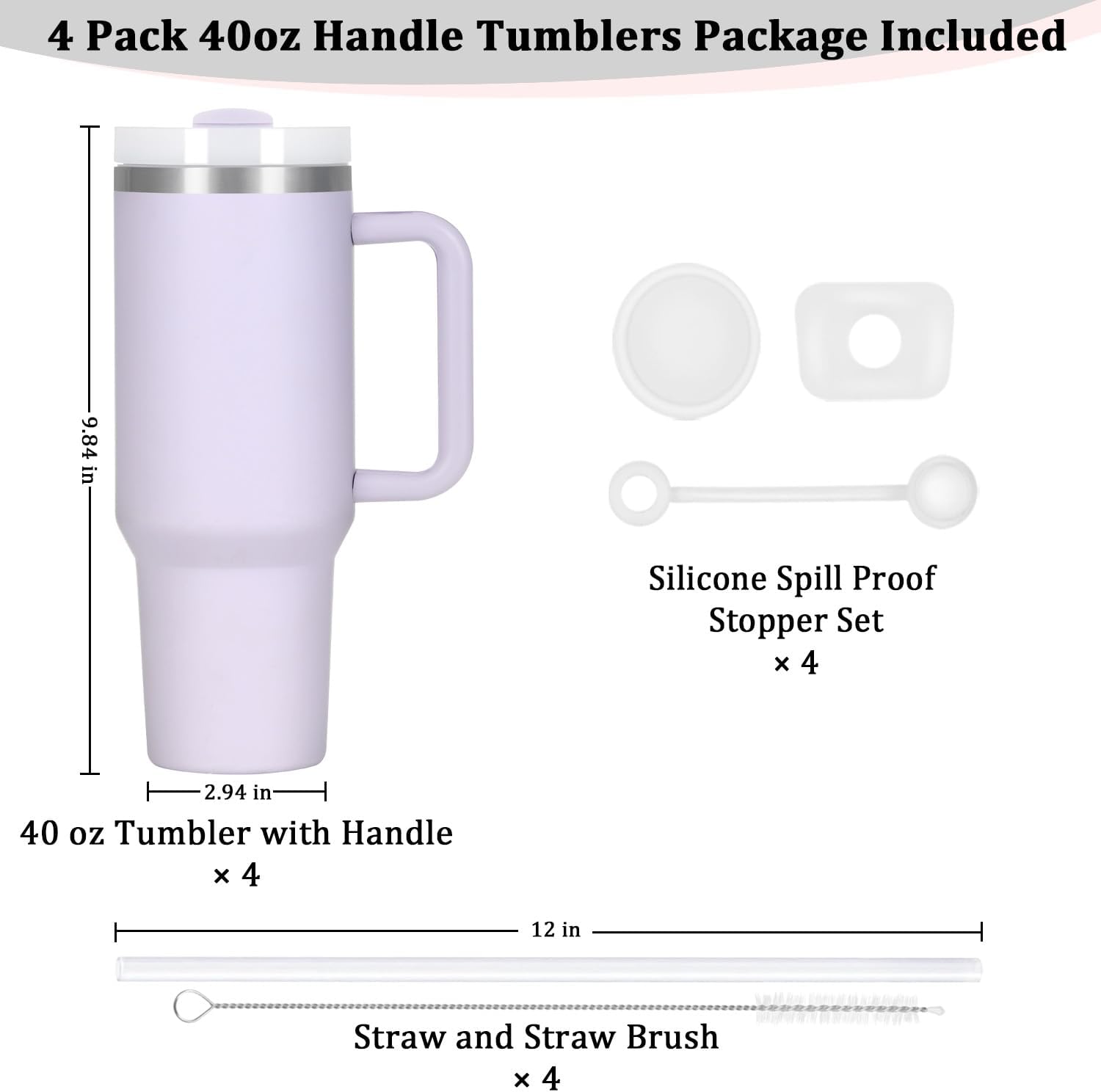 4 Pack 40 Oz Tumbler with Handle Bulk, Double Wall Vacuum Insulated Stainless Steel Tumbler with Lid and Straw, 40 oz cup with Silicone Spill Proof Stopper Set (Purple) - Image 3