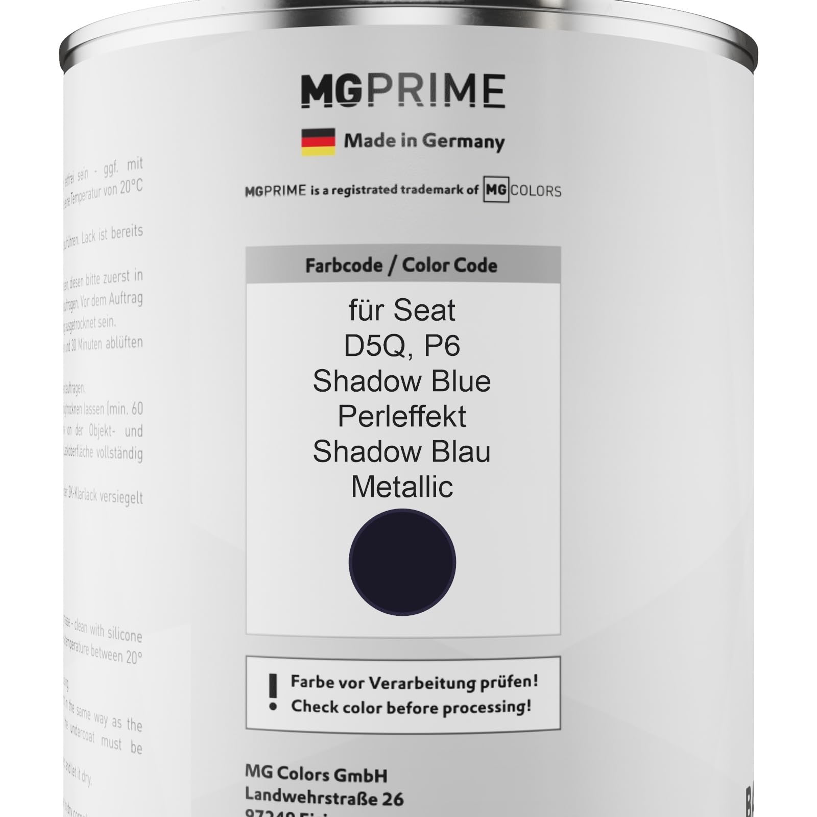 MG PRIME Vernice per auto Kit barattolo per Seat D5Q / P6 Shadow Blue Perleffekt/Shadow Blau Metallic Vernice di base 2K vernice trasparente indurente pronto all’uso 2,5L