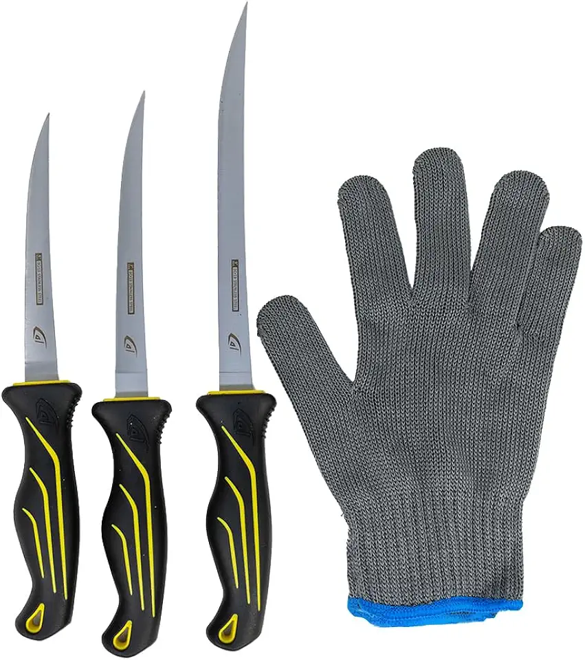 danco Kit de facas de filete de 3 peças com saco de rolo e luva resistente a cortes – facas de pesca de aço inoxidável de 15,2 cm, 17,8 cm, 23 cm para filetar, desossar e limpar peixes