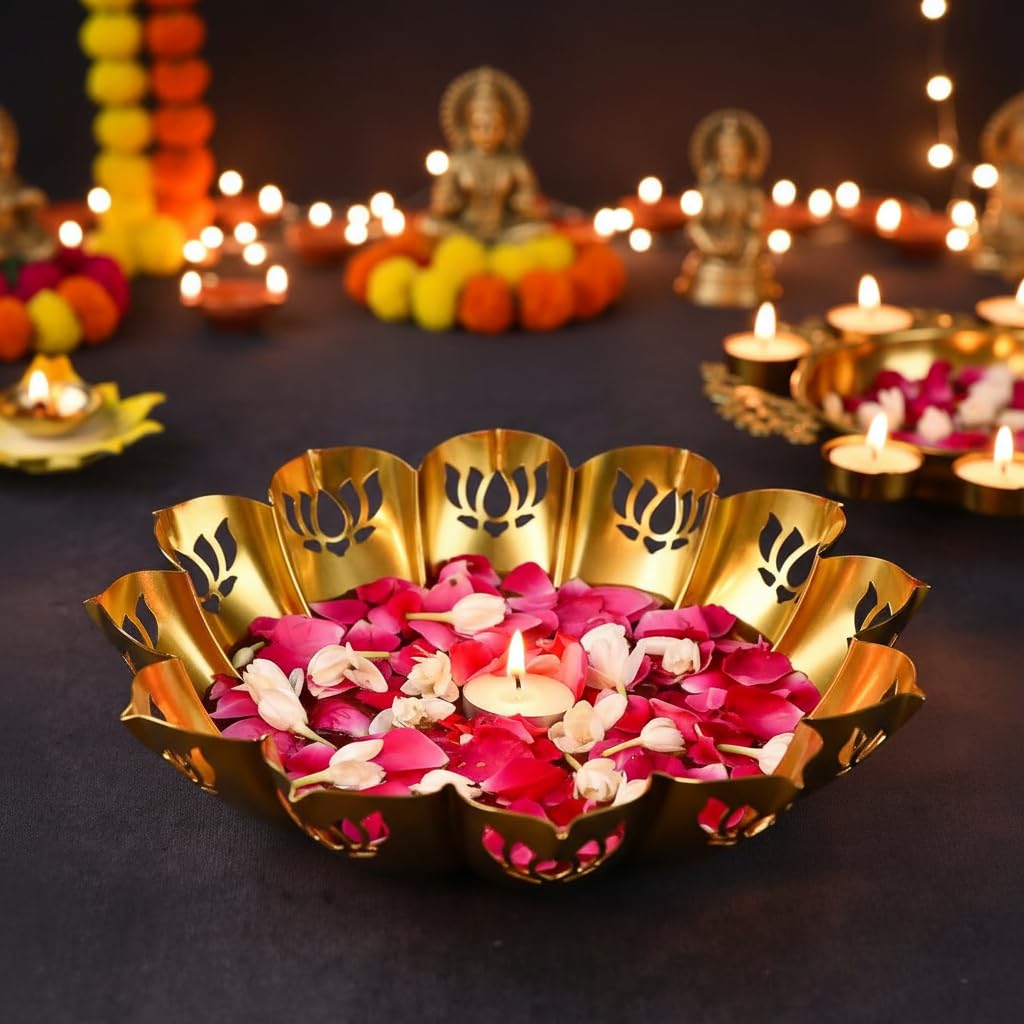 DecorTwist® Decorative Urli Bowl 2.5 Inch Pack of 1 | Metal Lotus Design Handcrafted Bowl for Floating Flowers Tea Light Candle Holder Home Living Room Office Wedding Diwali Decoration Items