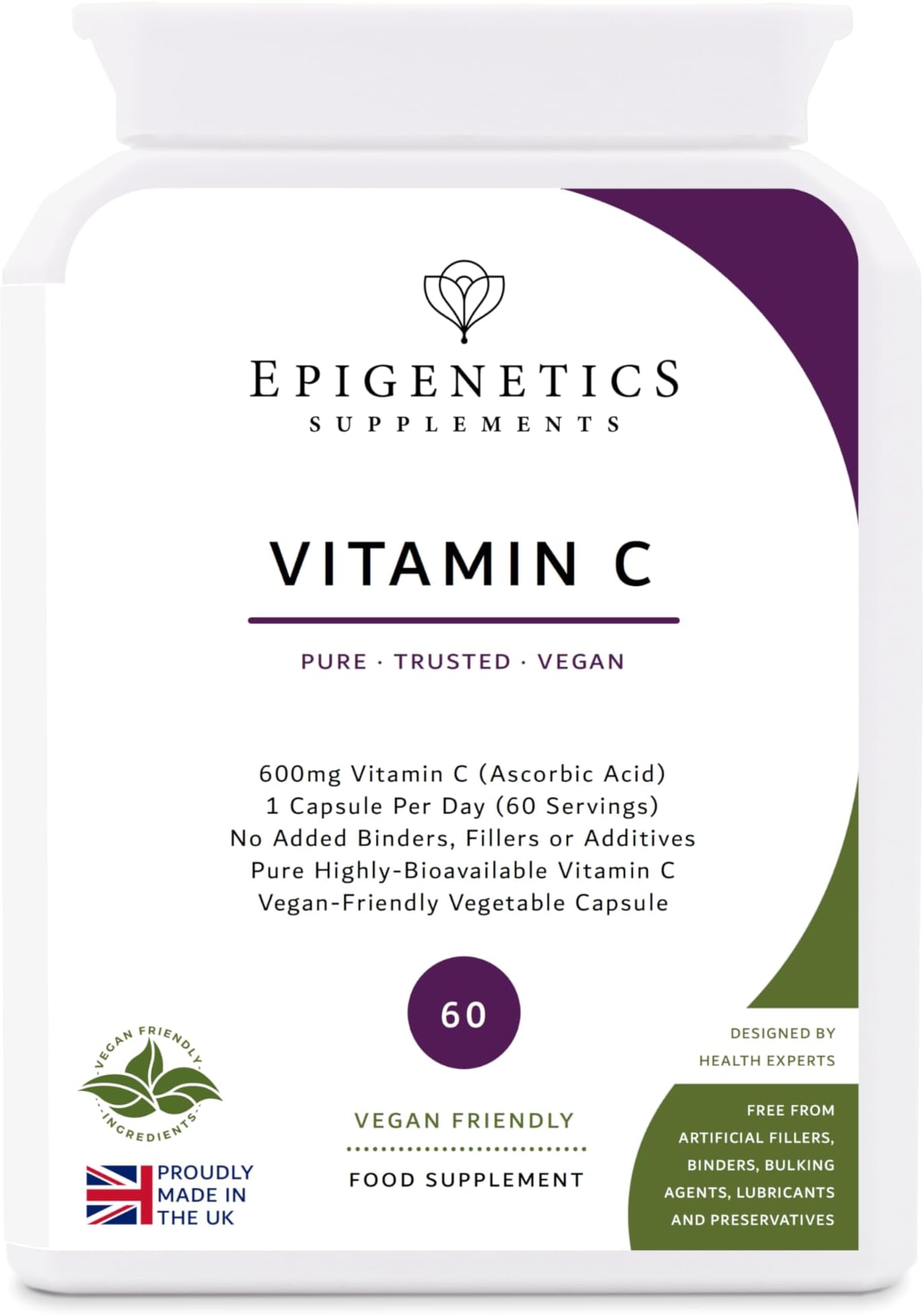Vitamin C 600mg | Pure Ascorbic Acid for Immune System Support | 60 Vegan Friendly Capsules UK Made | 2 Month Supply | 1 Capsule Daily (High Strength)