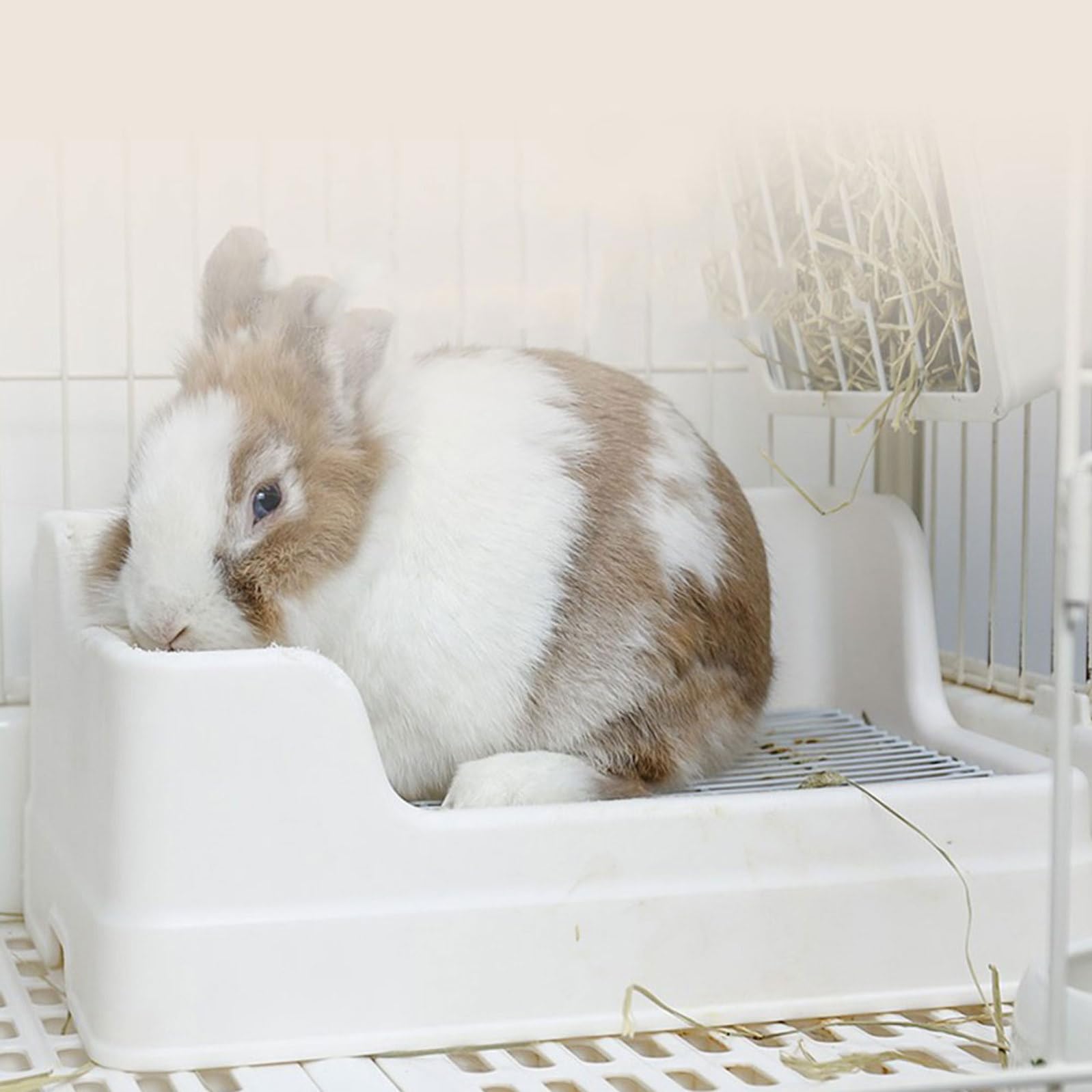 LALAFINA Lettiera per Coniglio in Plastico Bianco, Vasino Diviso in Due Parti Maglia Adeguata, Riutilizzabile e Antispruzzo per Animali Domestici in Gabbia