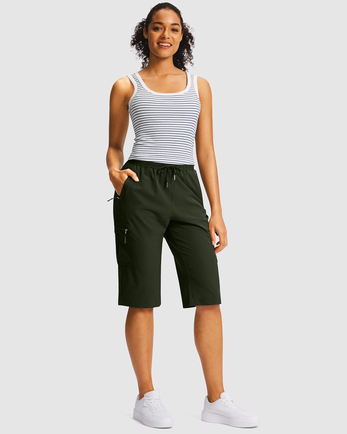 SANTINY 15" Long Shorts for Women Hiking Cargo Bermuda Shorts with 5 Zipper Pockets Lightweight Quick Dry Knee Length Capris