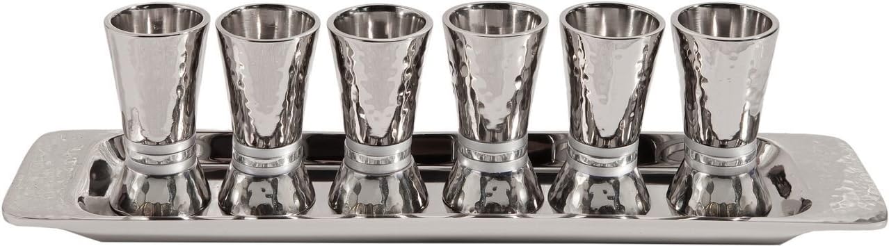 Liquor Cup Set of 6 Hammered Nickel Cone Shaped Designed with Colored Rings (Silver Rings)