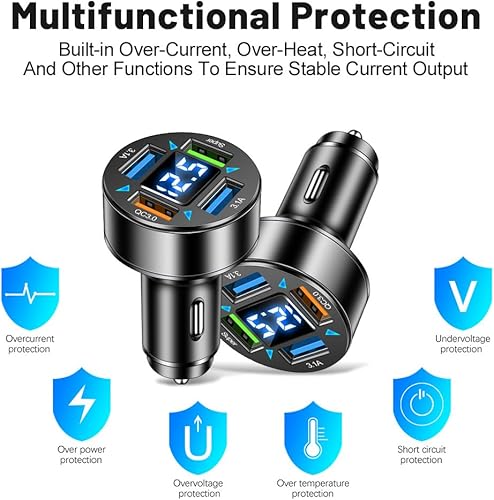 Miniatura 5 de Cargador de coche, 4 puertos cargador rápido para automóvil con salida de enchufevoltímetro LED, QC3.0Super puerto, accesorios universales para