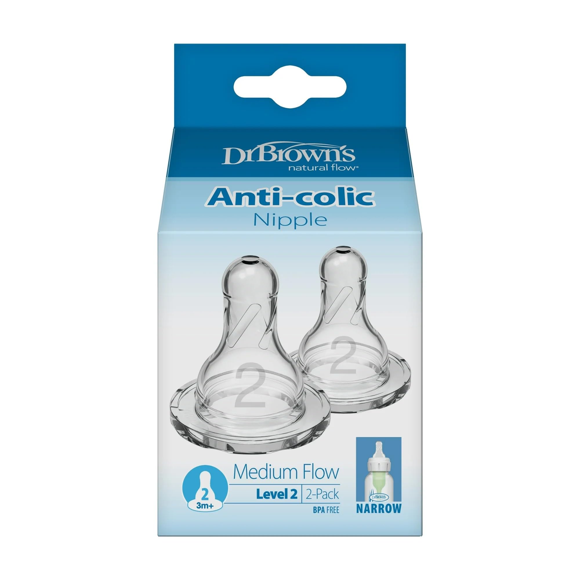 Dr Brown Natural Flow Level 2 Narrow Nipple Set of 2 (3M+) Clear