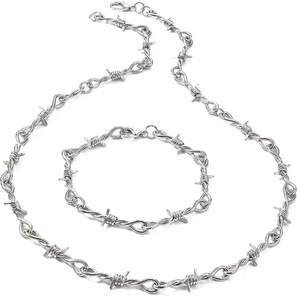Barbed Wire Necklace Bracelet Set, Gothic Barbwire Necklace Jewelry