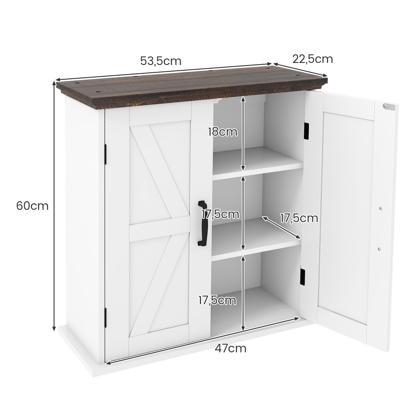 Giantex Armadietto pensile da parete con 2 ripiani regolabili e 2 ante, in stile rustico, salvaspazio per bagno, cucina e soggiorno, 53,5 x 22,5 x 60 cm
