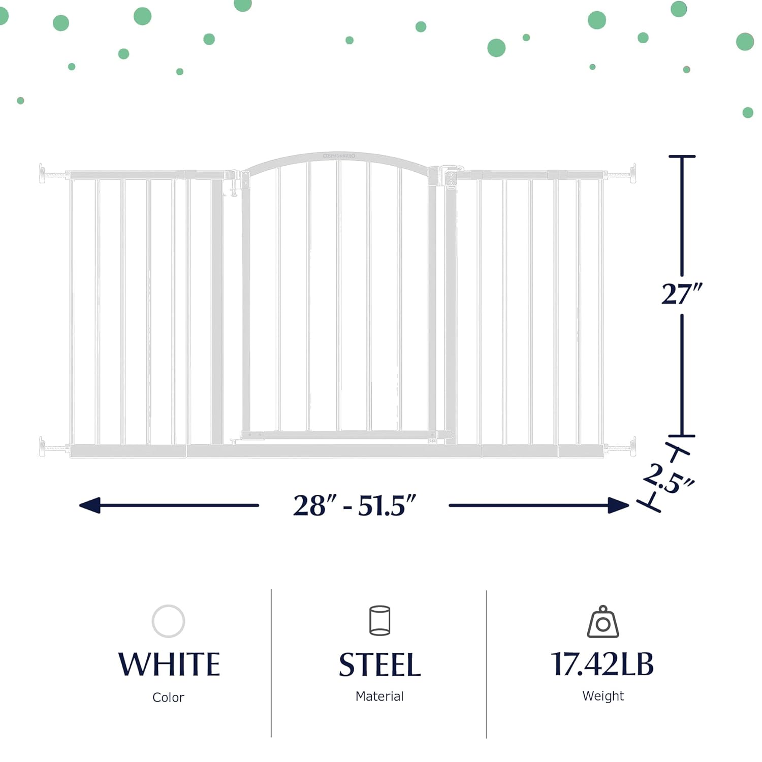 Ozzy & Kazoo Deluxe Extra Wide Walk-Through Arch Dog Gate, Fits Openings 28-51.5” Wide, White Metal Dog Gate, for Doorways and Stairways, 27” Tall