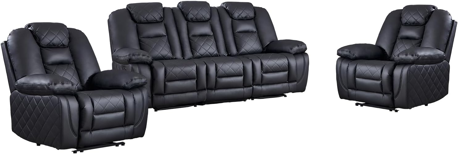 EBELLO Faux Leather Recliner Sofa Furniture Set for Living Room, 2 Recliner Chairs, 3 Seat Reclining Sofa Couch, Home Theater Seating Set, for Meeting Room, Black