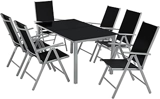tectake® Sitzgarnitur Aluminium Klappstühle, Lounge Set mit 6X Stühle und 1x Glastisch Esstisch, Gartenmöbel Set wetterfest für den Balkon, Gartenstühle, Terrassenmöbel, Liegestuhl - Silber