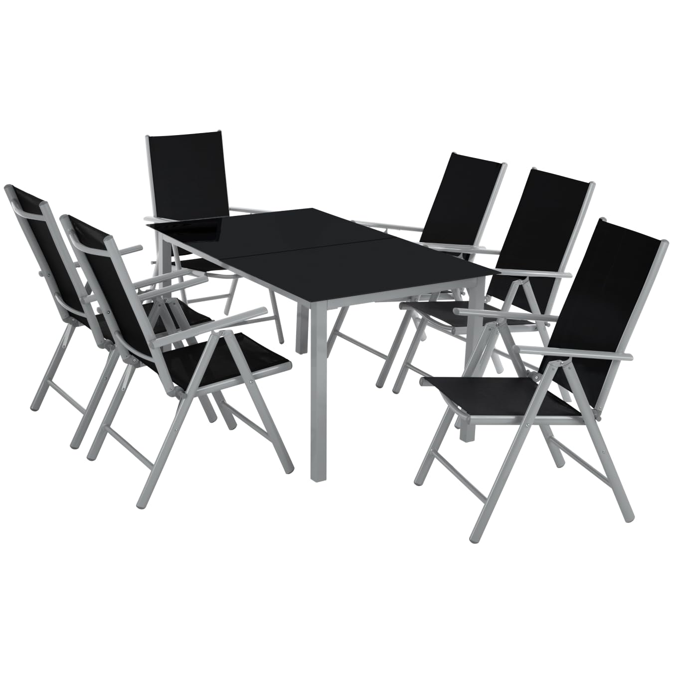 TecTake® Conjunto Muebles Jardín Exterior 7 Piezas, Mesa y Sillas Terraza con Estructura de Aluminio, Sillas Plegables y Reclinables, Impermeables, Vidrio de Seguridad, Tela Transpirable - Plata