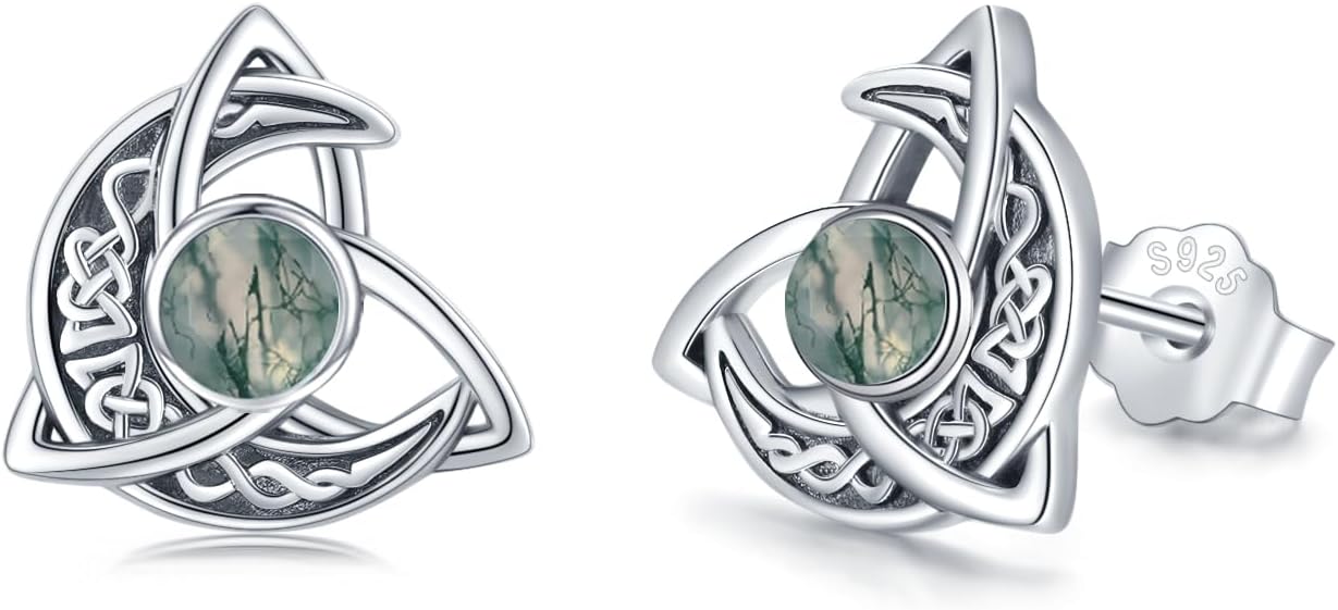 Celtic Moon Stud Earrings 925 Sterling Silver Crescent Earrings Celtic Knot Triangle Vintage Stud Earrings Good Luck irish gifts for women