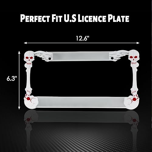 Miniatura 10 de Marco de matrícula de calavera cromada con 2 agujeros, soporte de placa de esqueleto pulido de metal resistente, decoración de Halloween, 1 paquete