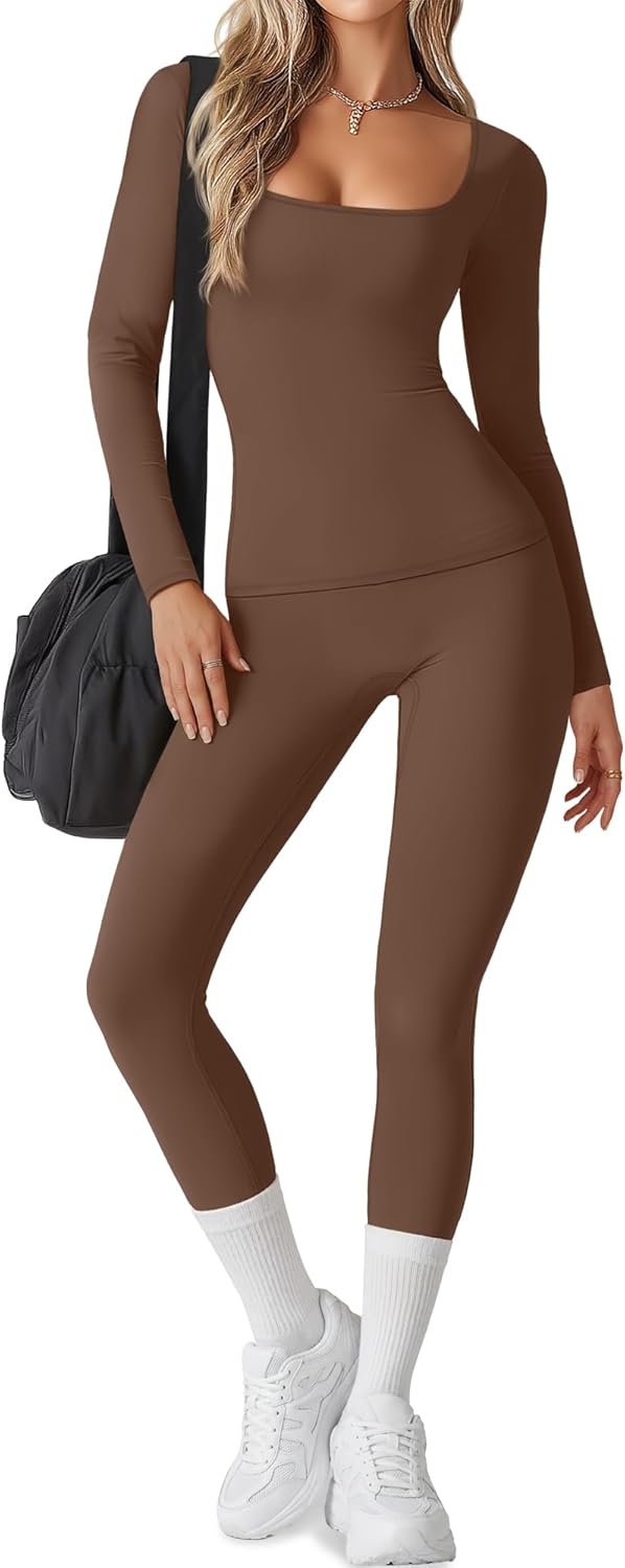 Women's 2 Piece Workout Sets Long Sleeve Yoga Square Neck Top High Waist Leggings Athletic Pants Active Sports Gym