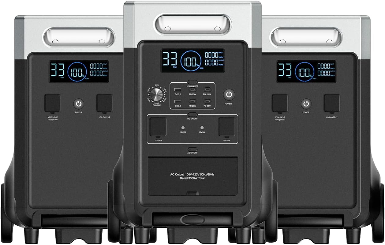 The AFERIY P310 portable power station main unit stacked with two extra expansion battery packs, illuminating a modern home garage setting during a simulated power outage.