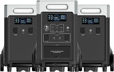 The AFERIY P310 portable power station main unit stacked with two extra expansion battery packs, illuminating a modern home garage setting during a simulated power outage.