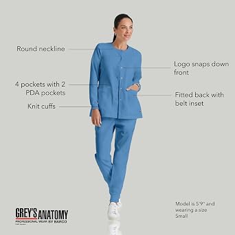 BARCO Grey's Anatomy Scrubs - Jamie Warm-Up Jacket for Women, Fitted Back with Belt Inset Super-Soft Women's Scrub Jacket