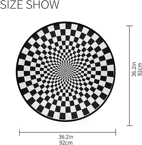 Miniatura 2 de Alfombra redonda de arte operativo a cuadros negros y blancos, suave y cómoda de 3 pies (36.2 in) con respaldo antideslizante para decoración del