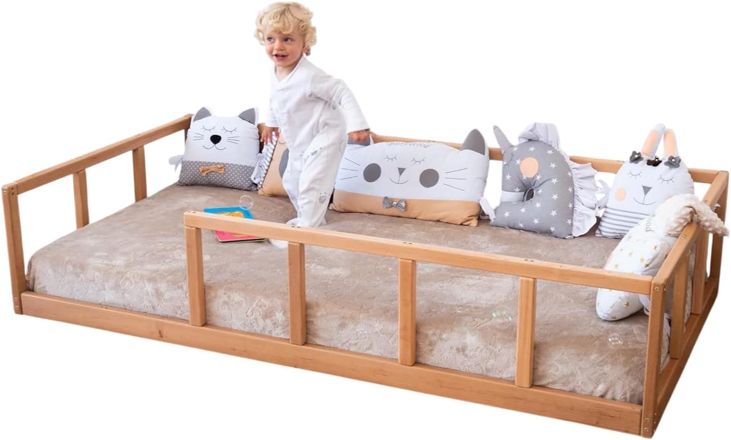 BUSYWOOD Montessori Floor Bed with Rails – Scandinavian Wood Frame - Toddler Platform Bed Frame, 7 Color Options, Available in 5 Sizes for Kids (Model 10)