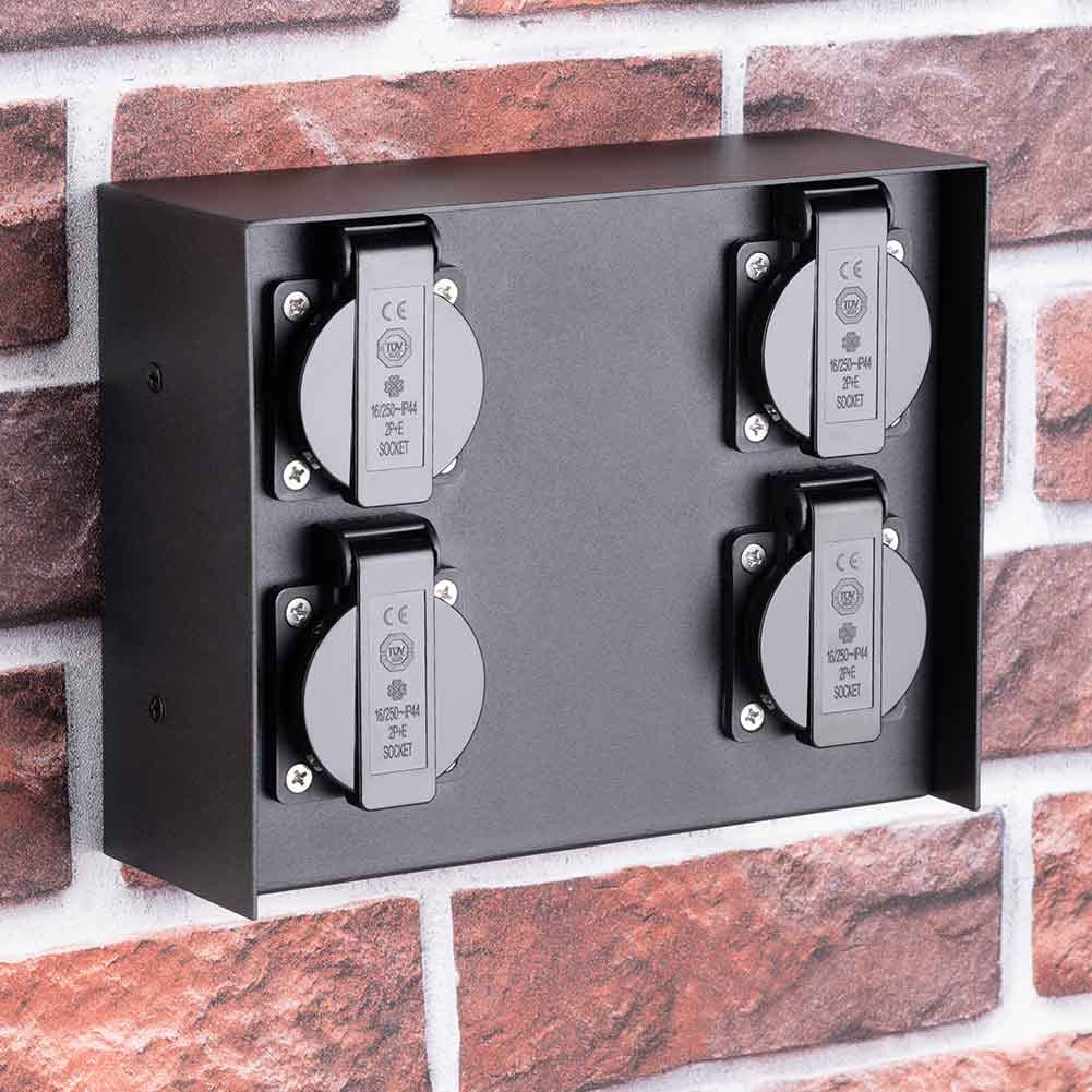 Bakaji Multiprise pour extérieur au sol et au mur, colonne prise électrique jardin, mât colonne 4 prises Shucko étanches IP44 avec porte structure en acier, couleur noir 20 x 7 x 16 cm