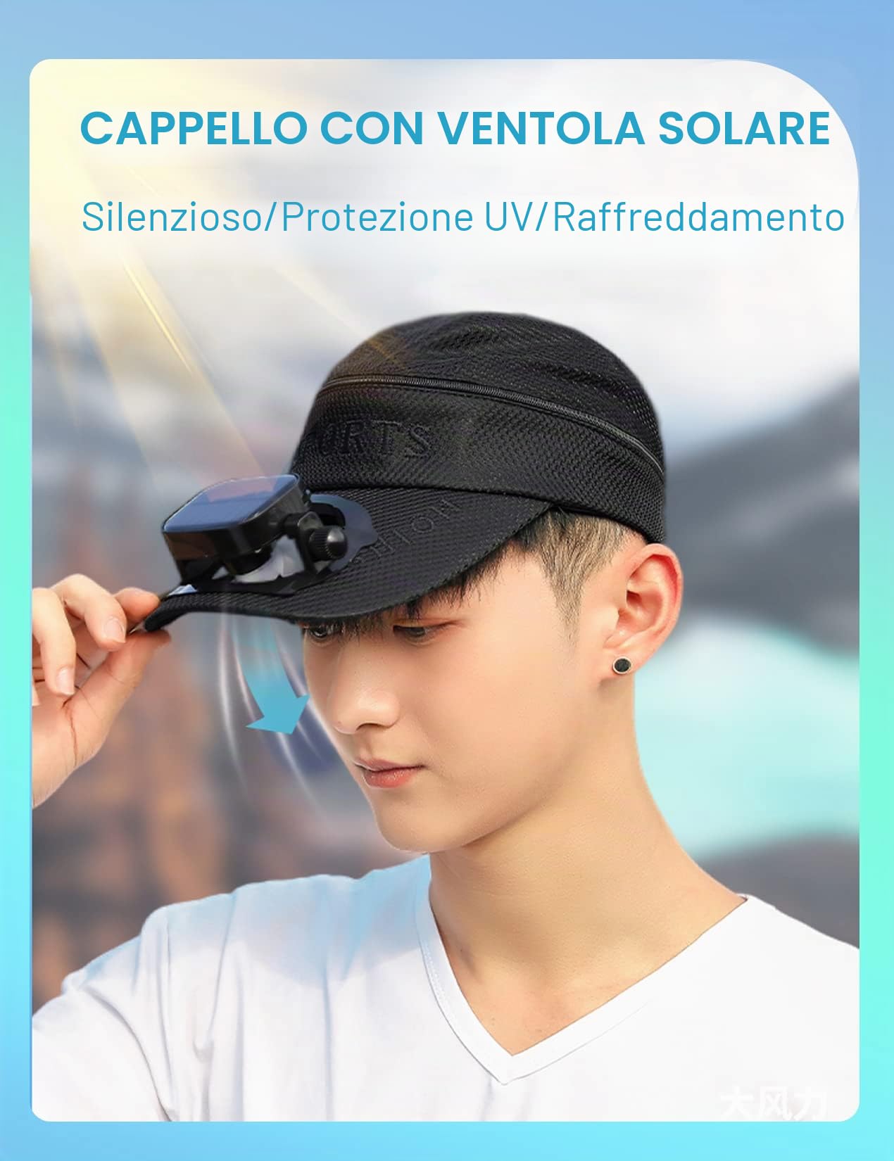 Berretto da baseball integrato con ventola solare + doppia alimentazione USB, cappello da ventaglio regolabile per velocità e direzione del vento, raffreddamento 24 ore, ideale per golf, pesca, viaggi