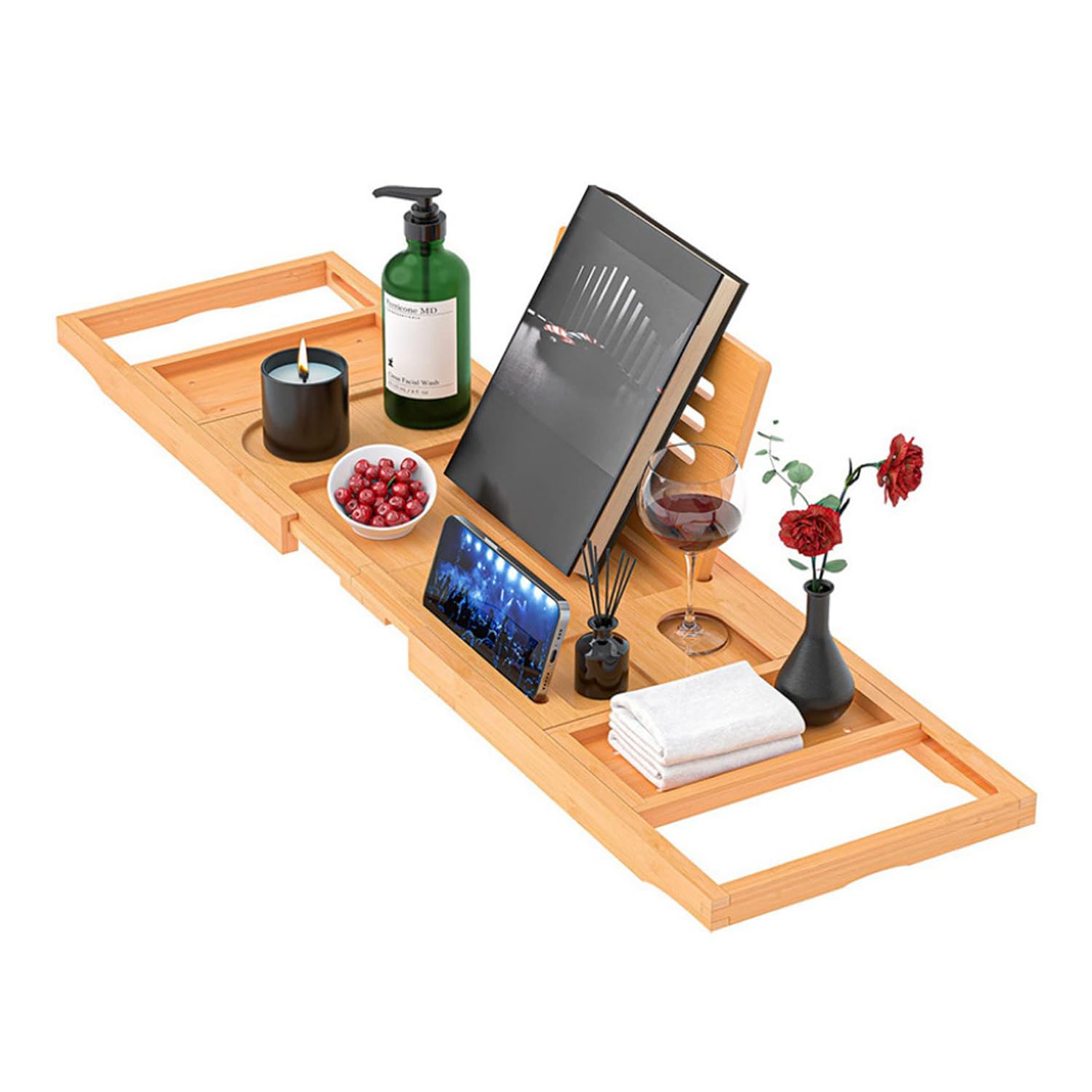 Plateau Baignoire en Bambou Extensible et Pliable - Support pour Verre à Vin, Fruits - Tablette de Bain Réglable en Longueur (Naturel)