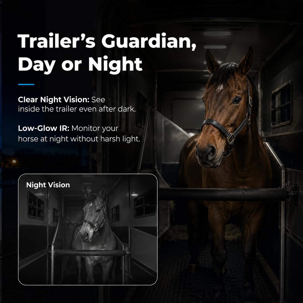 NomadEye Cámara Inalámbrica para Remolque de Caballos – Vídeo 4K en Directo al Móvil, Visión Nocturna, Audio Bidireccional, Batería de 15H, Soporte Magnético – Sin WiFi del Remolque