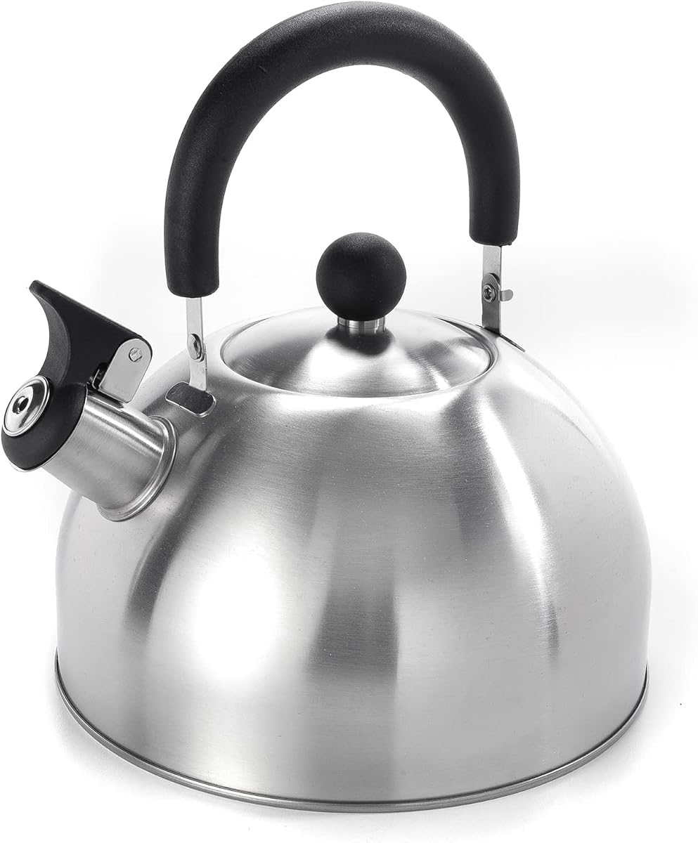 2.1 Quart Stainless Steel Whistling Tea Kettle, Ergonomic Handle, Anti-Heat Handle, The Perfect Stovetop Tea and Water Boilers for Your Home, Dorm, Condo or Apartment, Brushed Satin