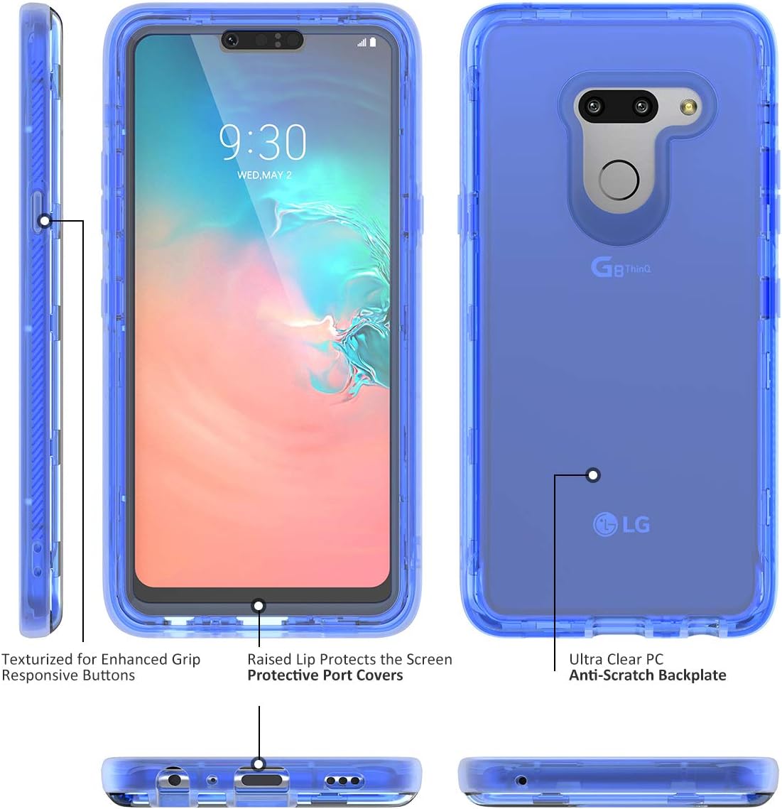 Dexnor Compatible with LG G8 ThinQ Case with Built-in Screen Protector Full-Body Rugged Clear Bumper Shockproof Heavy Duty Hard Cover Defender Blue