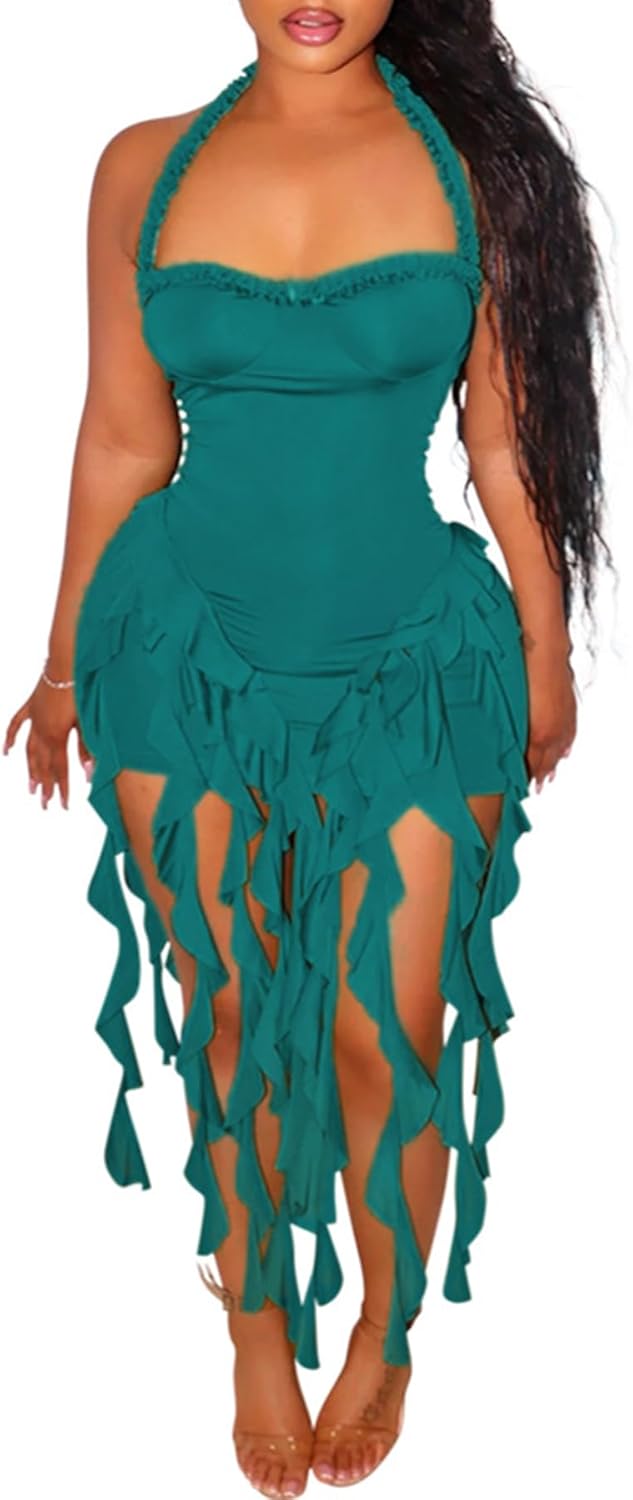 Ecirod Womens Summer Ruffle Fringe Mini Dress Sexy Halter Backless Cocktail Party Short Bodycon Tassel Dresses