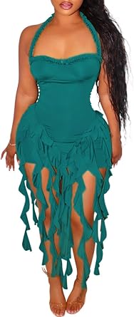 Ecirod Womens Fringe Mini Dress Sexy Halter Backless Tassel Dresses