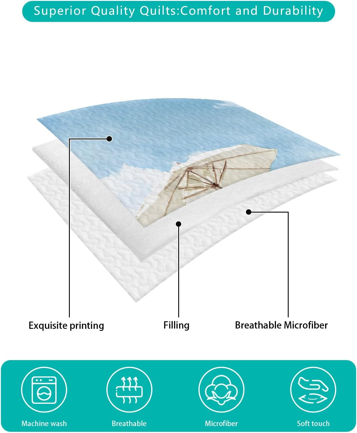 Full Size Quilt Set, Summer Ocean Beach Recliner Lightweight Bedspread Coverlet Set Soft Microfiber Summer Quilt with 2 Pillow Shams, Watercolor Sea Blue Sky 3 Piece Comforter Bedding Set