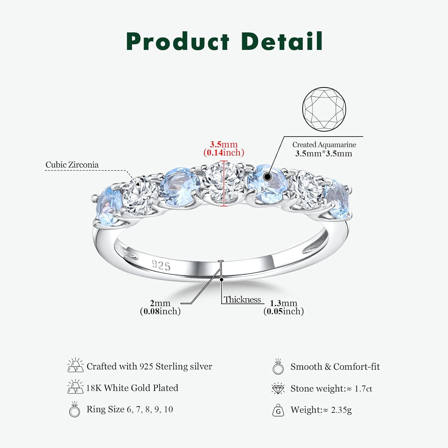 Sterling Silver Birthstone Rings for Women Wedding Bands, 3.5mm Half Eternity Band 7 Stone Anniversary Ring, 12 Month Gemstone Stackable Rings Size 6-10