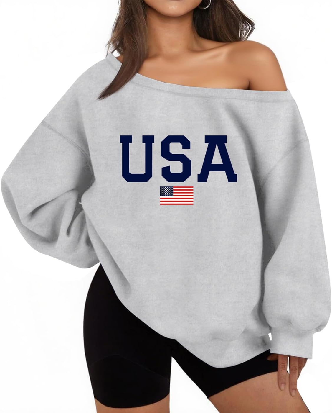 Lacozy USA Sweatshirt for Women Oversized Off the Shoulder Sweater Fleece Lined Long Sleeve Hoodie 4th of July Outfits - Image 2