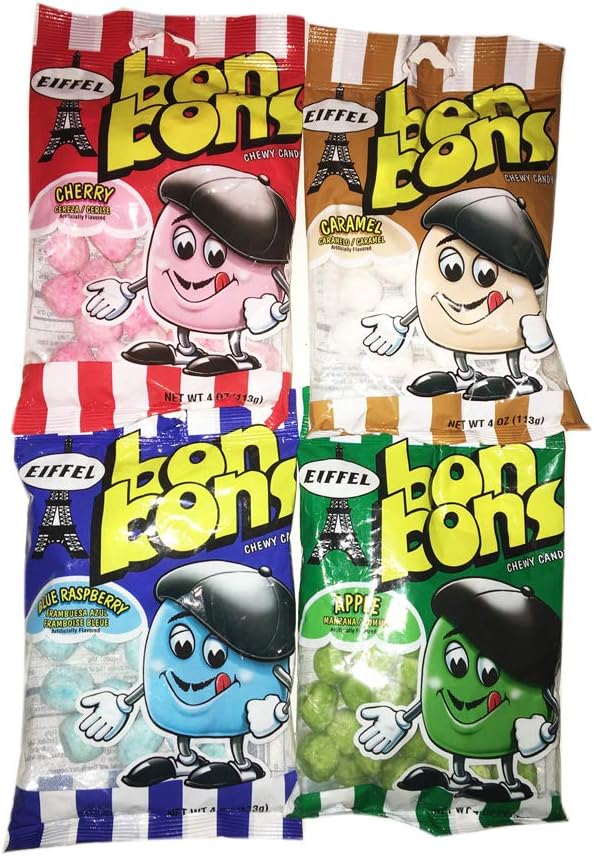 Eiffel Bobn Bons Chewy Candy 4 Oz! Varriety Pack Asoorted Flavor! 3 Pack, Cherry, Caramel & Apple! 4 Pack Cherry, Caramel, Apple & Blue Raspberry! Choose From 3 Pack or 4 Pack! (4 Pack)