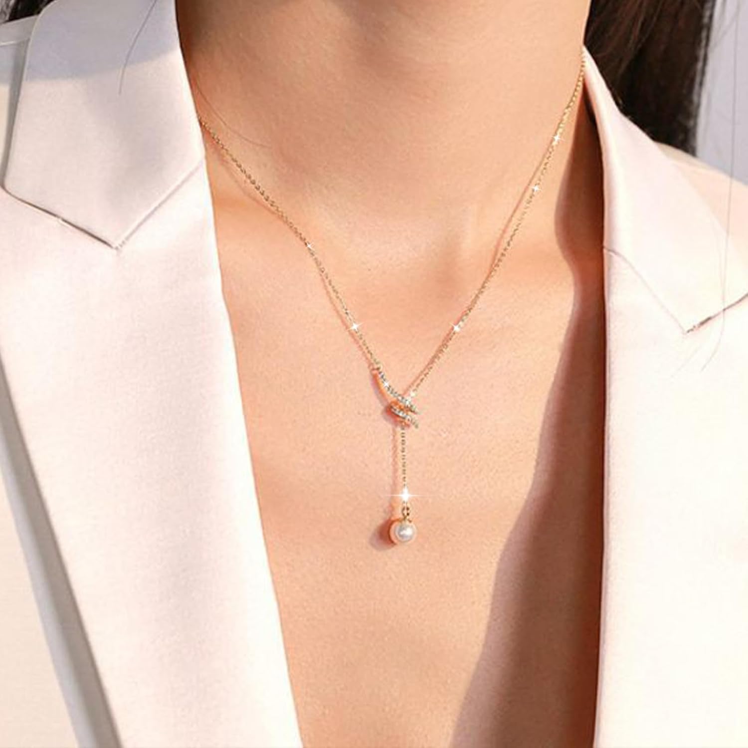 Lariat Necklace for Women,Dainty Long 14K Gold Plated Y-Shaped Pearl Necklace 925 Sterling Silver Cubic Zirconia Crystal Ball Sparkle Necklace for Mother Daughter Wedding Mother’s Day Jewelry