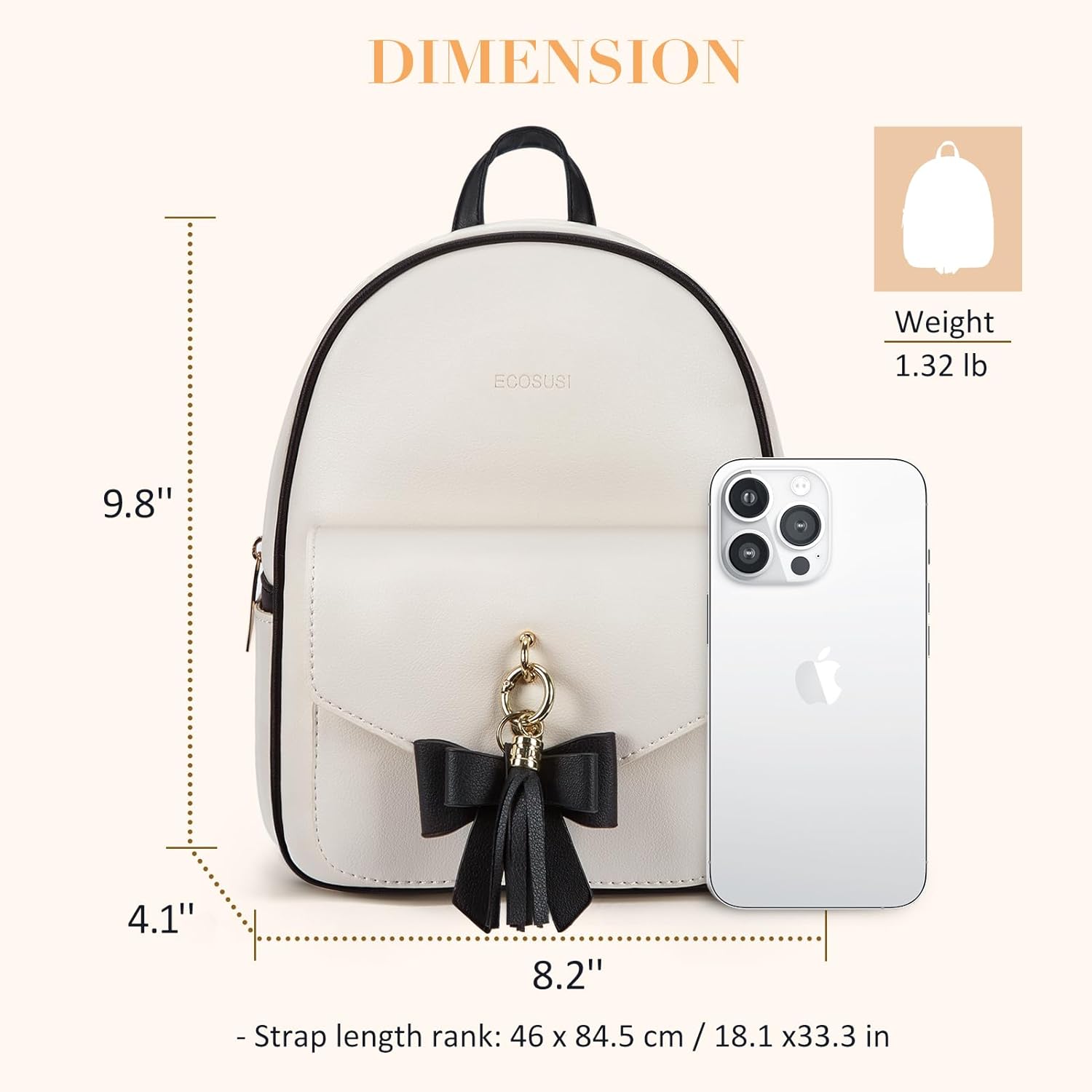 ECOSUSI Mini Backpack for Women Girls Cute Bowknot Small Backpack Purse Ladies Leather Bookbag Satchel Bag, with Charm Tassel Black&Beige - Image 6