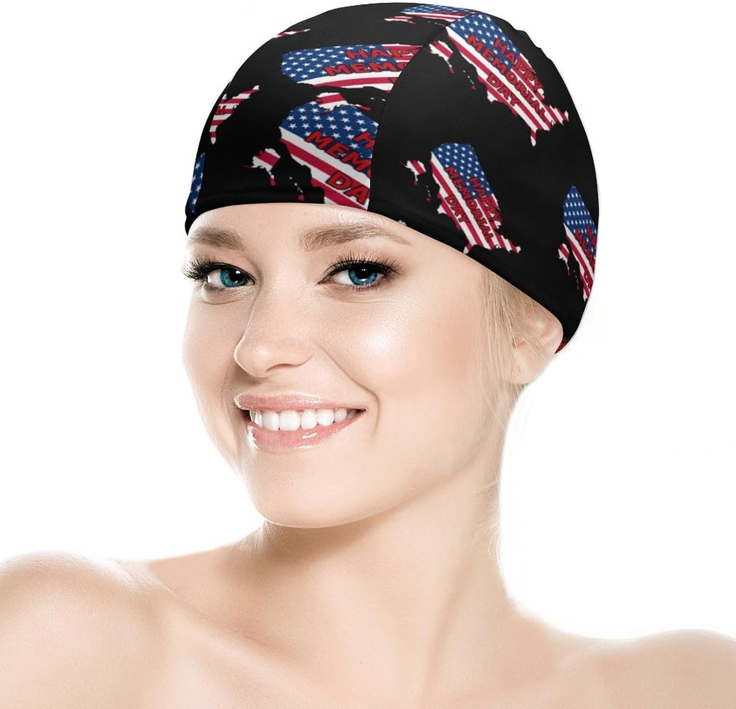 Happy Memorial Day U.S.A Map Womens Swim Cap for Men Adult Swimming Hat Curly Short Medium Long Hair